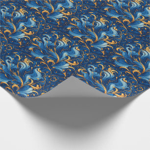 Papel De Presente Ondas Reais de Fantasia Redemoinhos de Azul e Dour
