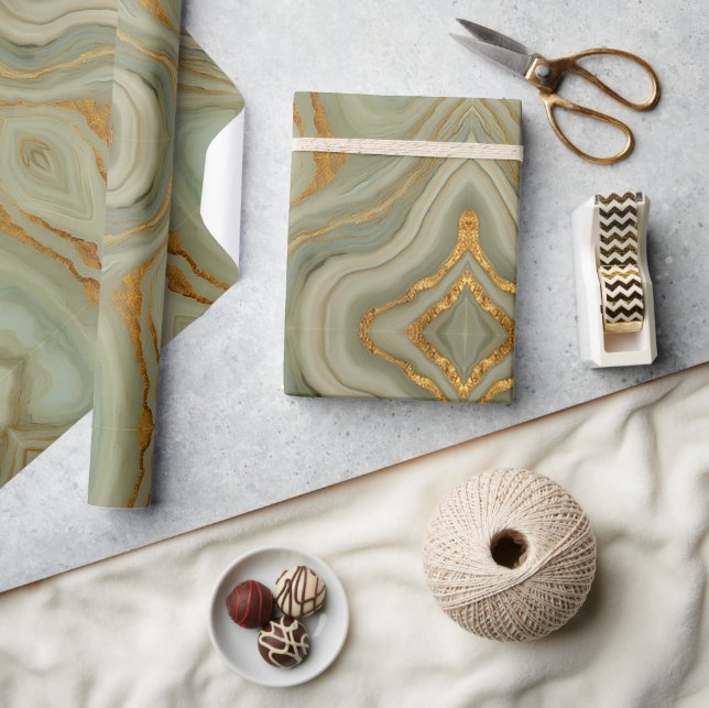 Papel De Presente Ônix Verde Salvia Com Dourado (Artesanato)