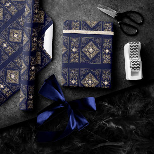Papel De Presente Opulência Azul e Dourada   Emblema de Ornamentado
