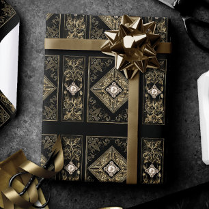 Papel De Presente Opulência Dourada e negra   Emblema com joias