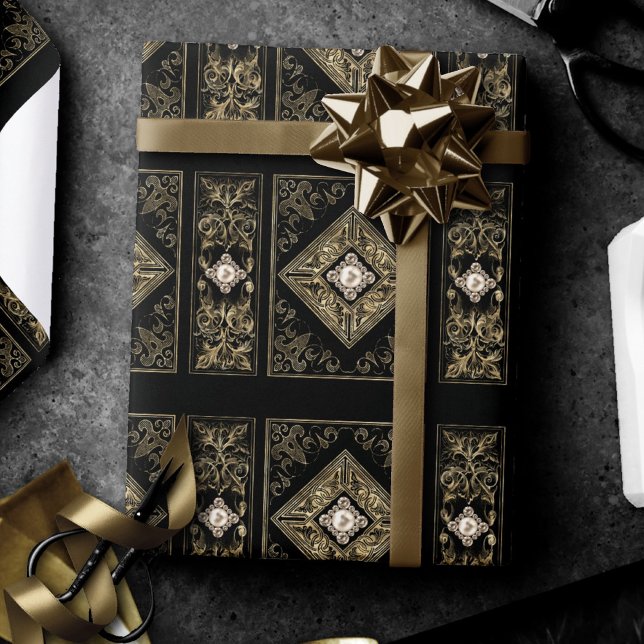 Papel De Presente Opulsão do ornamentado | Flourado negro e Dourado (Criador carregado)
