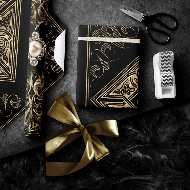 Papel De Presente Opulsão do ornamentado | Flourado negro e Dourado (Criador carregado)