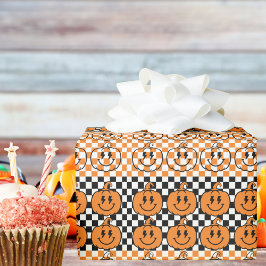 Papel De Presente Orange Black Retro Rad Pumpkin Checkered Halloween