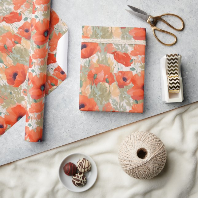 Papel De Presente Orange Poppy Meadow (Artesanato)