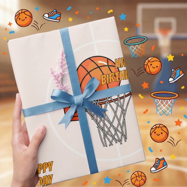 Papel De Presente Orange Sportball Hoop Happy Birthday (Criador carregado)