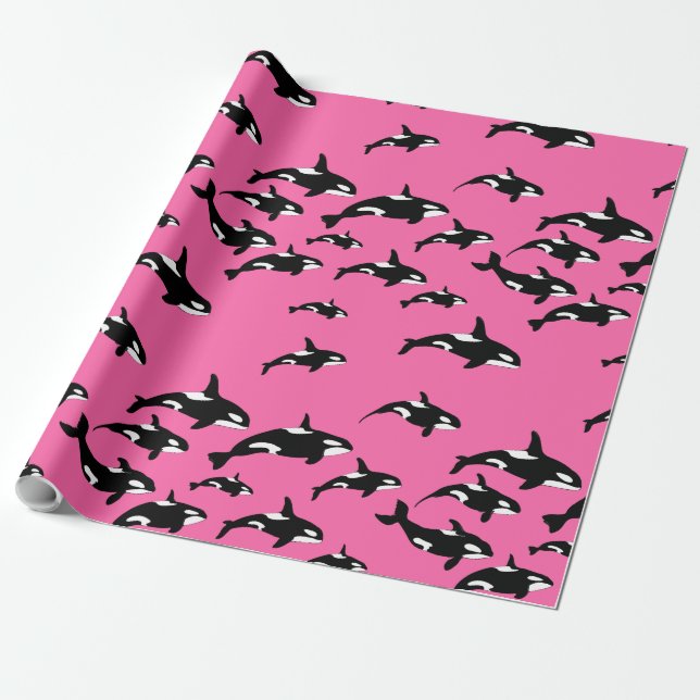 Papel De Presente Orca Killer Whales Nadando Padrão a Rosa (Desenrolado)