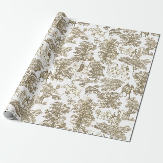 Papel De Presente Orgulho e Preconceito Cavalos Beige Dourado Toile (Desenrolado)