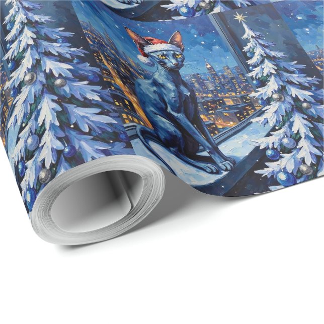 Papel De Presente Oriental Blue Cat Christmas High-Rise City Lights (Ponta do rolo)