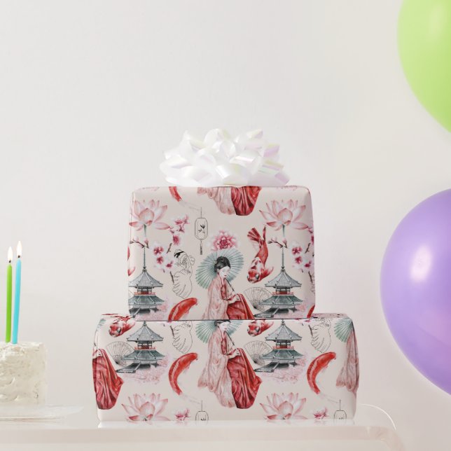 Papel De Presente Oriental Geisha, Peixe Koi, Pagoda Japonesa (Presentes para festas)