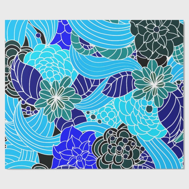 Papel De Presente Oriental Pattern in Blue Shades Wrapping Paper (Aberto)