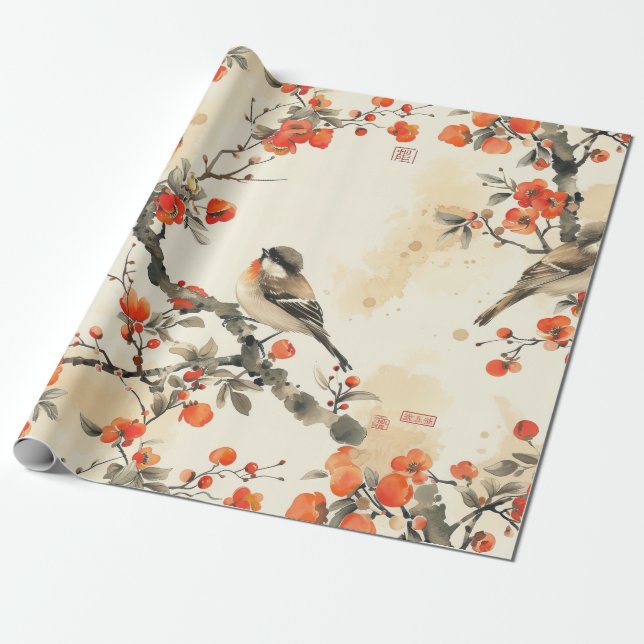 Papel De Presente Oriental Songbirds and Blossom - Traditional Asian (Desenrolado)