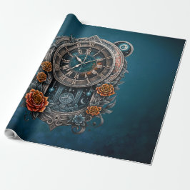 Papel De Presente Ornamentado Steampunk Clock com Rosas.