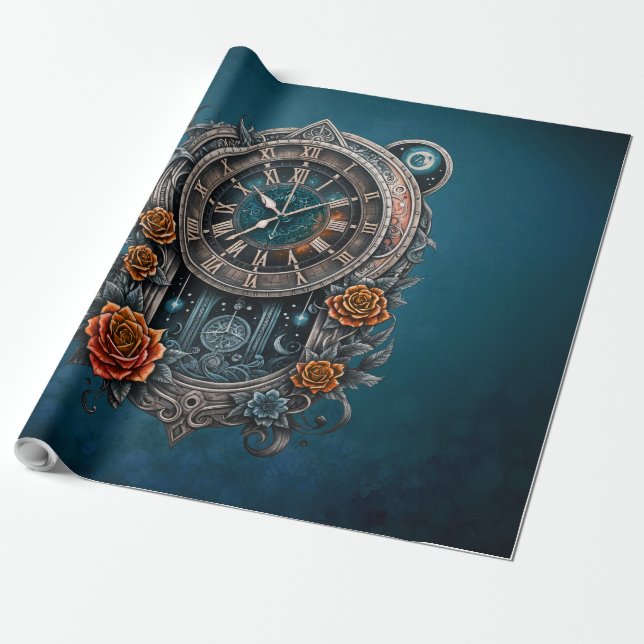 Papel De Presente Ornamentado Steampunk Clock com Rosas. (Desenrolado)