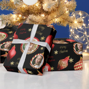 Papel De Presente Ornamento de Fotos Dourada Vermelha de Natal Perso