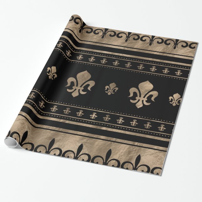 Papel De Presente Ornamento de luxo Fleur-de-lis - preto e ouro (Desenrolado)