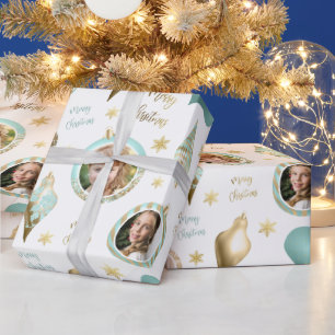 Papel De Presente Ornamento Dourado de Fotos de Natal Personalizado 