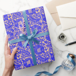Papel De Presente Ornamento Floral Único Medieval Laranja Azul