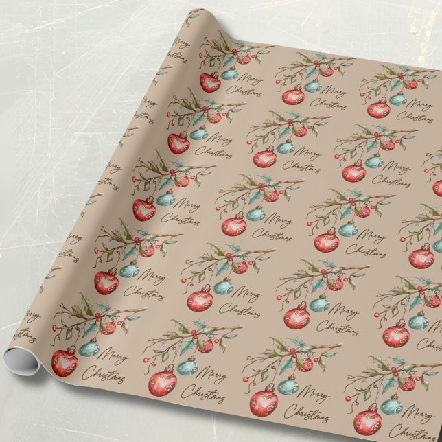 Papel De Presente Ornamentos de Aquarela Elegantes Feliz Natal (Christmas wrapping paper with watercolor ornaments and a beige background.)