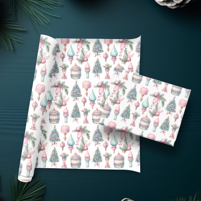 Papel De Presente Ornamentos de Árvore de Natal Rosa Mint (Pink Mint Christmas Tree Ornaments Wrapping Paper)