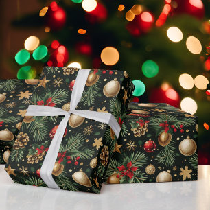 Papel De Presente Ornamentos de Árvore Evergreen de Natal Vermelho D