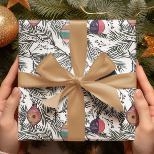 Papel De Presente Ornamentos de Natais vintages brancos, pinheiros, 