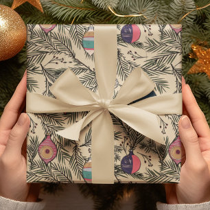 Papel De Presente Ornamentos de Natais vintages Dourados, Pino, Berr