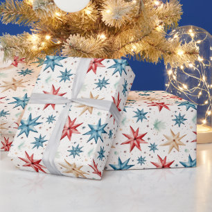 Papel De Presente Ornamentos nas Estrelas de Natal Vermelho Azul Mod