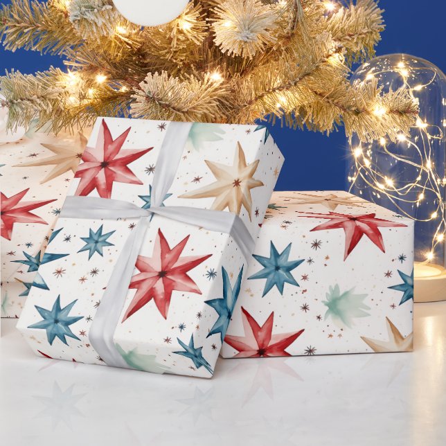 Papel De Presente Ornamentos nas Estrelas de Natal Vermelho Azul Mod (Feriados)