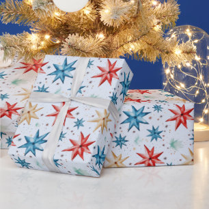 Papel De Presente Ornamentos nas Estrelas de Natal Vermelho Azul Mod