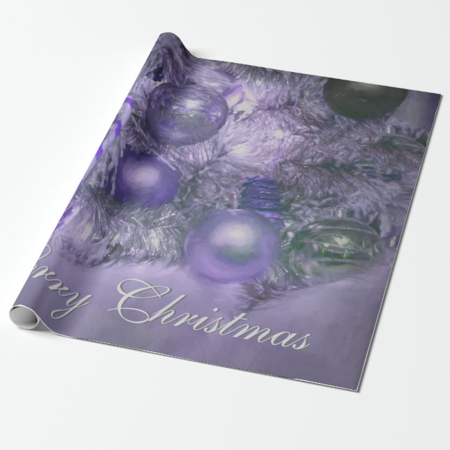 Papel De Presente Ornamentos Natal Feliz Árvore de Feriado Roxo (Desenrolado)