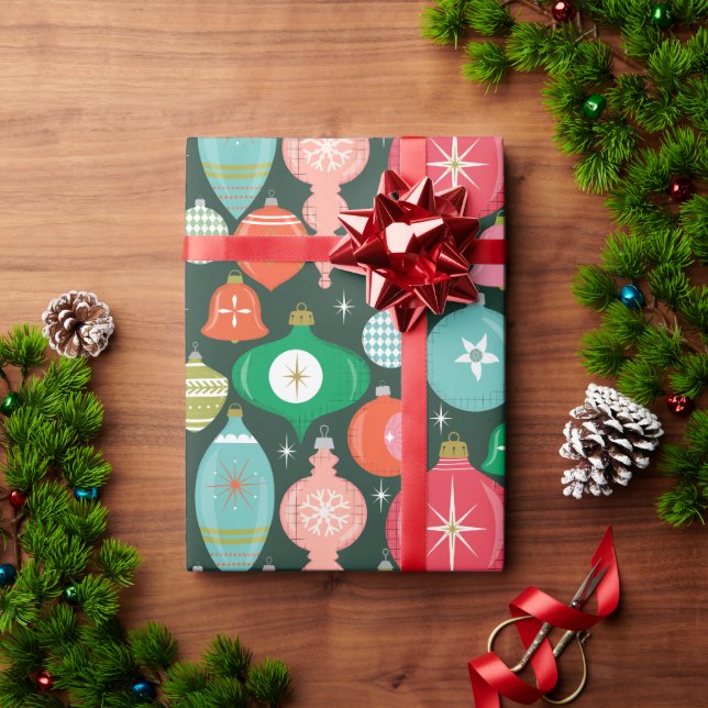 Papel De Presente Ornamentos Retro Natal Verdes (Presente de Natal)