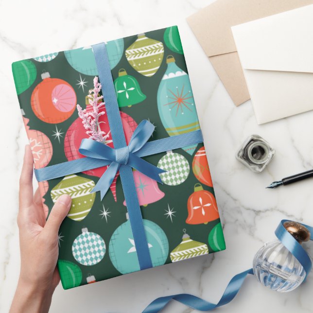 Papel De Presente Ornamentos Retro Natal Verdes (Presentear)