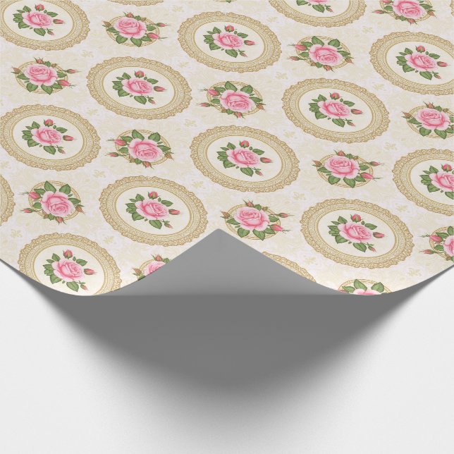 Papel De Presente Ornate Gold Frame and Pink Roses (Ponta)