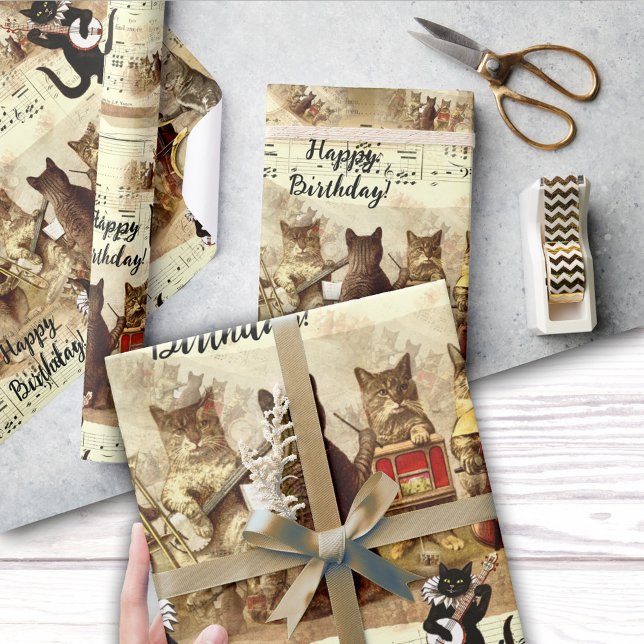 Papel De Presente Orquestra Sagrada de Feliz Aniversário (Cute vintage pattern wrapping paper featuring a cat orchestra singing a happy birthday song)