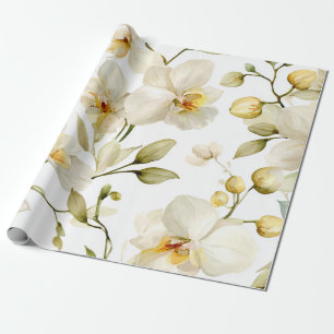 Papel De Presente Orquídea Branca Elegante Floral Botânico Amarelo