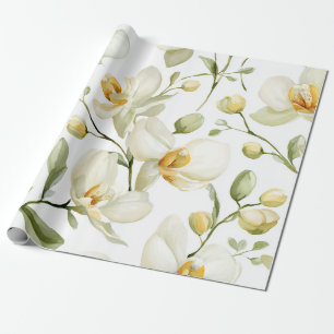 Papel De Presente Orquídea Branca Elegante Floral Botânico Amarelo