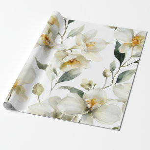Papel De Presente Orquídea Branca Elegante Floral Botânico Amarelo