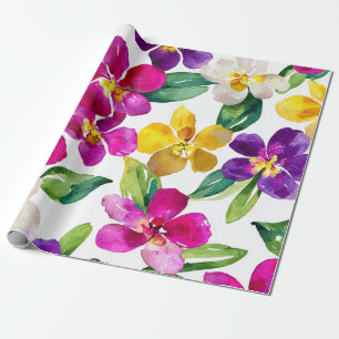 Papel De Presente Orquídea Harlequim Multicolorida Floral Amarela Ro