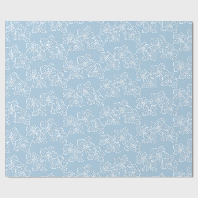 Papel De Presente Orquídea Linear | Azul Celeste Floral Elegante (Aberto)