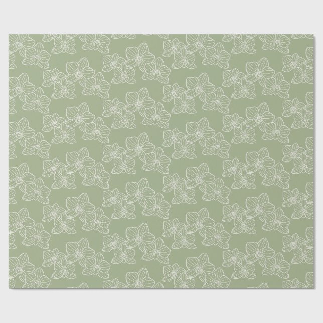 Papel De Presente Orquídea Linear | Floral Elegante Verde Sage (Aberto)
