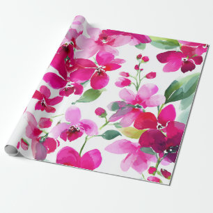 Papel De Presente Orquídea Magenta Rosa Quente Floral Botânico Vinta