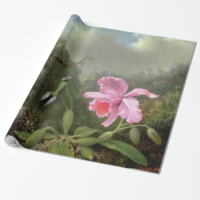 Papel De Presente Orquídea Martin Johnson Heade e beija-flores (Desenrolado)