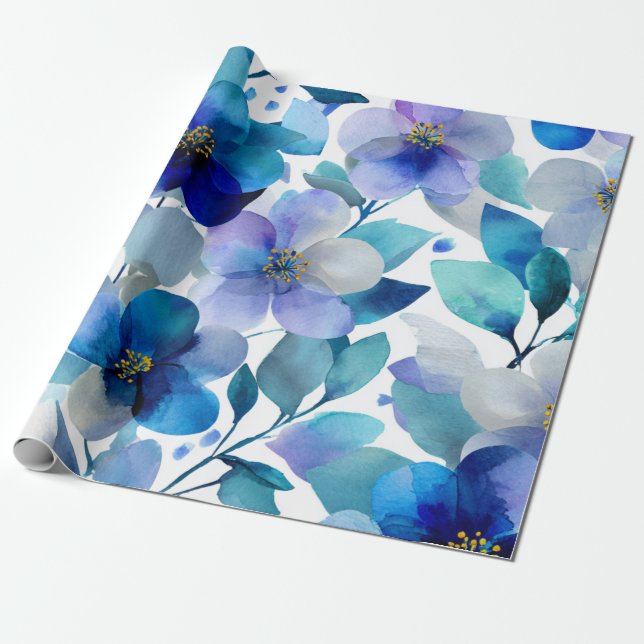 Papel De Presente Orquídea Mística Azul Botânica Floral Elegante (Desenrolado)