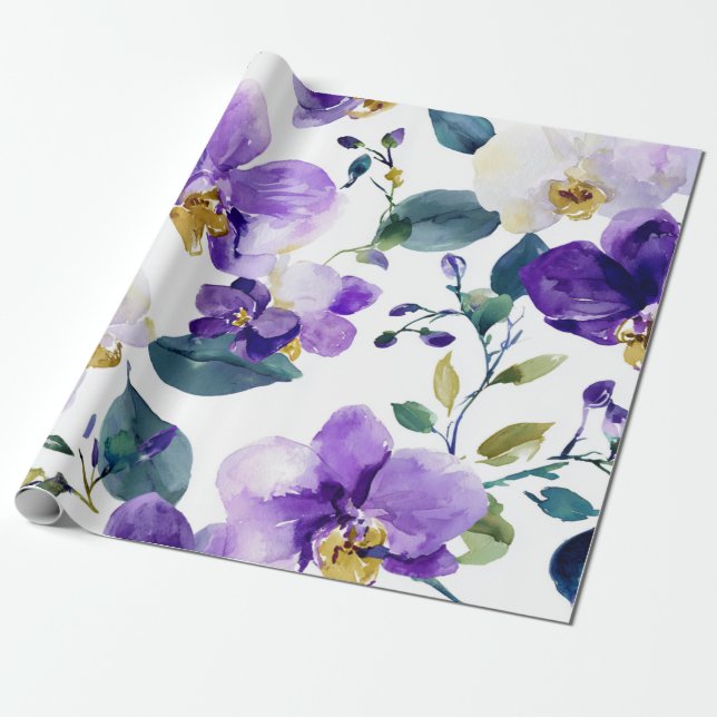 Papel De Presente Orquídea Roxa Violeta Elegante Floral Botânica (Desenrolado)