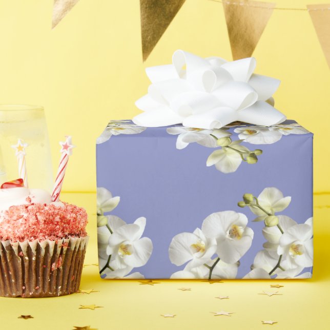 Papel De Presente Orquídeas Brancas Roxo Periwinkle Aniversário Casa (Festa de aniversário)
