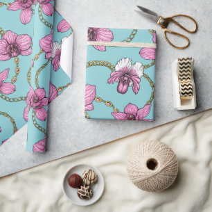 Papel De Presente Orquídeas e correntes, rosa e azul