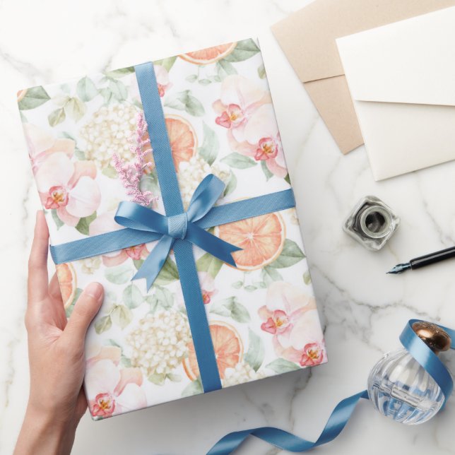 Papel De Presente Orquídeas Rosa Tropical Toranja Aniversário (Presentear)
