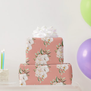 Papel De Presente Orquídeas Tropicais e Palmeira sobre Coral
