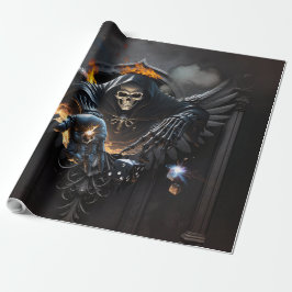 Papel De Presente Ossos e magia, esqueleto com dados místicos.