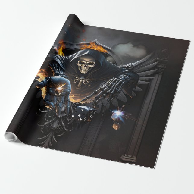 Papel De Presente Ossos e magia, esqueleto com dados místicos. (Desenrolado)